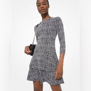 Michael Kors Tweed Jacquard Tiered Ruffle Dress Black White Mini Dress Petite M